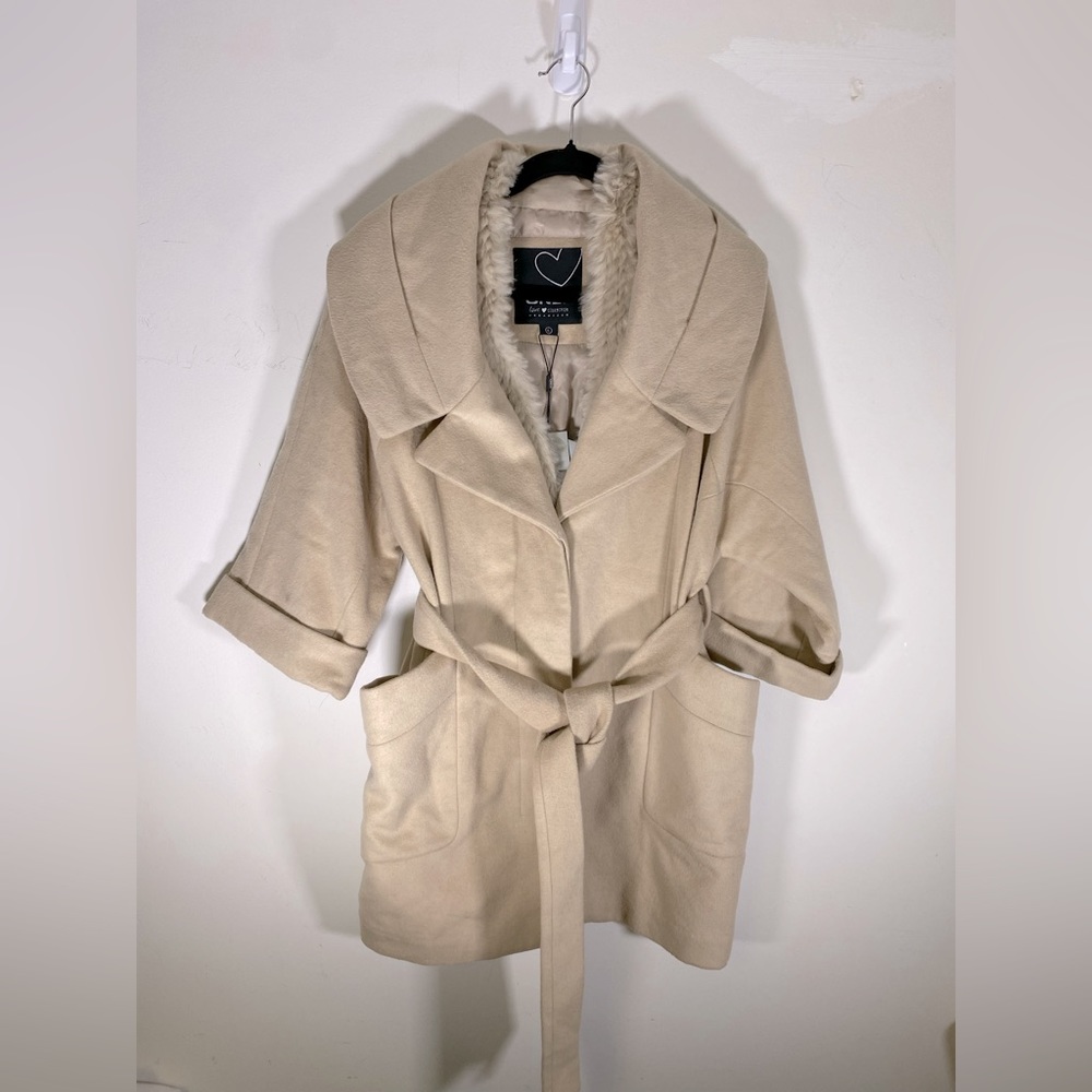 Only Wool Blend Camel Faux FurTrim 3/4 Sleeve Jacket‎